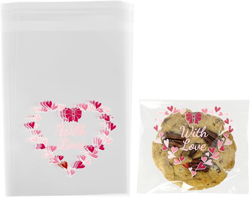 EKAPACKAGING 200Pcs 5x7 Inches Self Seal Cellophane Bags, Clear Cookie Bags, Heart Pattern Pink Treats Bag, Valentine's Day Party Favors for Bakery, Kids Classroom - Image 1